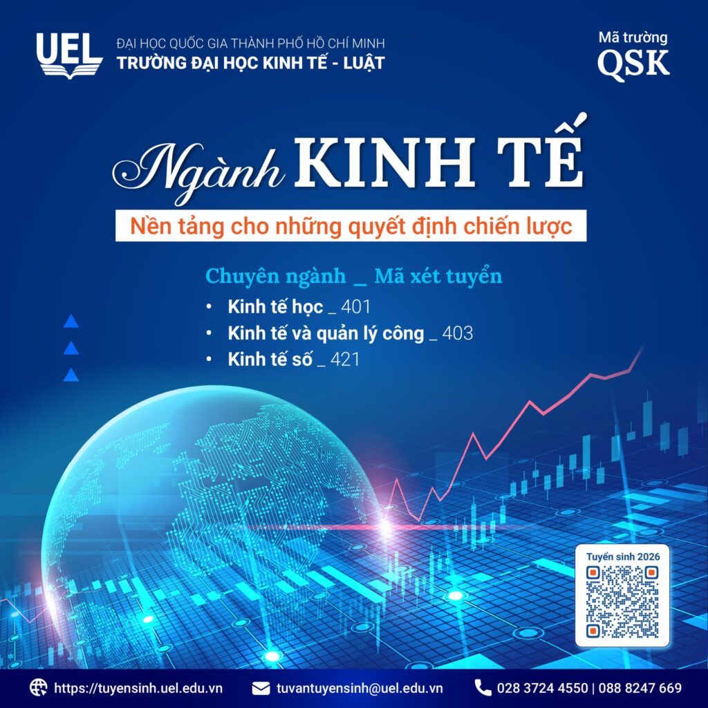 Ba chuyên ngành của ngành Kinh tế UEL gồm Kinh tế học, Kinh tế và Quản lý công, Kinh tế số